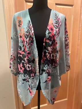 Light Green Floral Sheer Open Front Flowy Lightweight Cardigan Summer Festival L